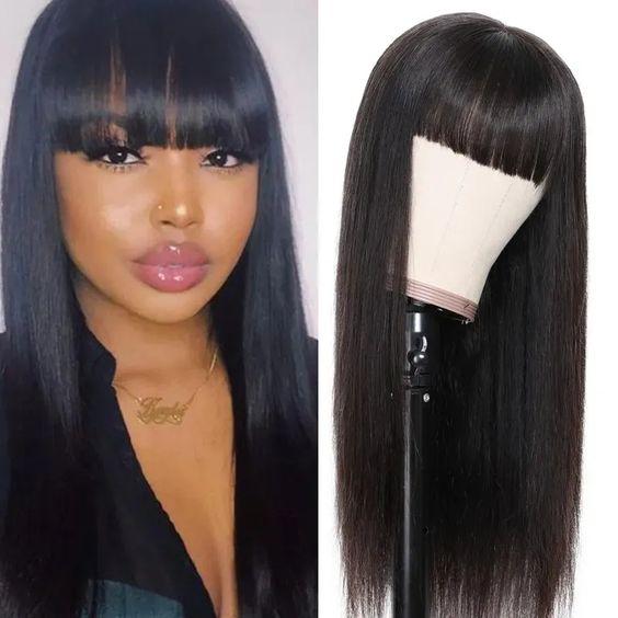 100% Human Hair Machine Made Brazilian Natural Black Straight Wig With Bangs