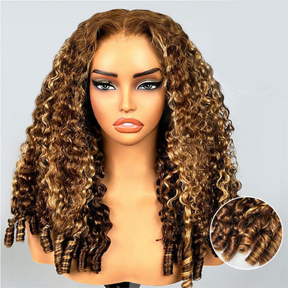 Burmese Curly Glueless Wig 4/27 Highlight Color Pre Cut 9x6 Lace Elastic Drawstring Wear Go Wig