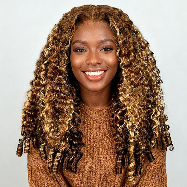 Burmese Curly Glueless Wig 4/27 Highlight Color Pre Cut 9x6 Lace Elastic Drawstring Wear Go Wig