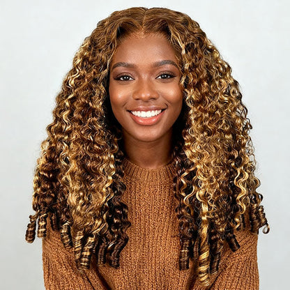 Burmese Curly Glueless Wig 4/27 Highlight Color Pre Cut 9x6 Lace Elastic Drawstring Wear Go Wig