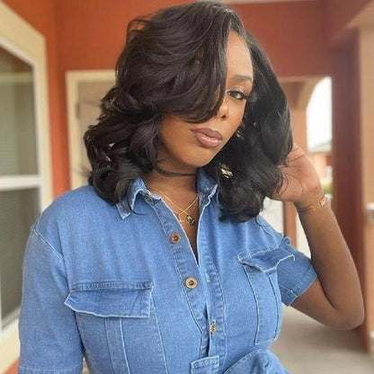 100% Human Hair 13x1 HD Lace Wig Natural Balck Wave Bob Hair
