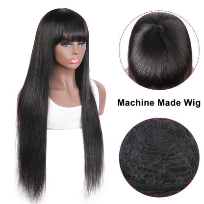 100% Human Hair Machine Made Brazilian Natural Black Straight Wig With Bangs